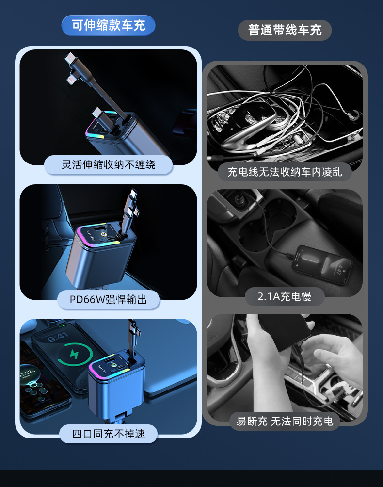Car 120W Charger Retractable Cable Mobile Phone Super Fast Charging One to Two Cigarette Lighter Plug Suitable for Apple and Android
