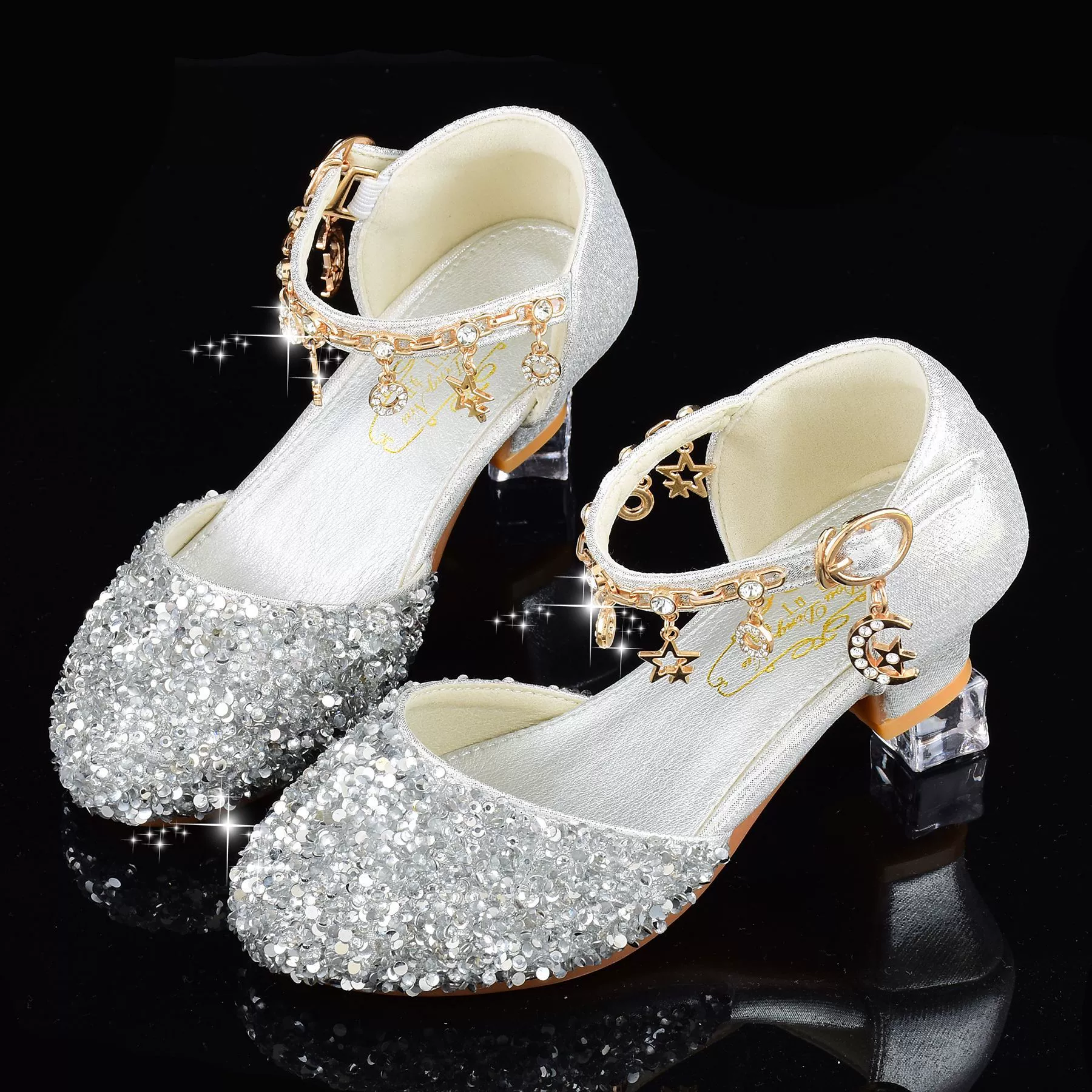 Туфли на высоком каблуке для девочек с блестящими кристаллами, весна и осень, кожаная обувь принцессы Баотоу, детская обувь для студентов, детские сандалии