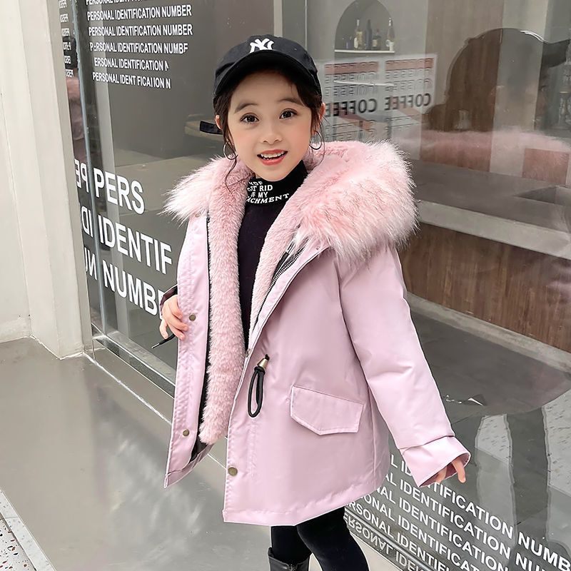 Children's Soft Shell Parka with Detachable Thickened Lining, Faux Rabbit Fur Mid-Length Fur Coat, Winter Thickened Cotton Jacket