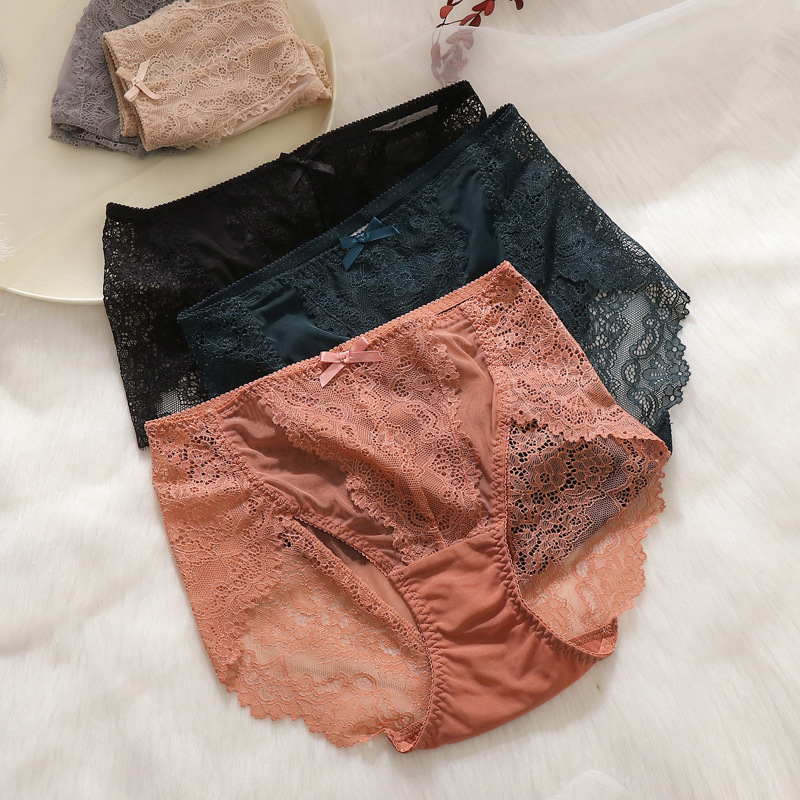 High quality lace underwear women's sexy luxury French style plus size mid-waist seamless briefs fat mm200 dark green