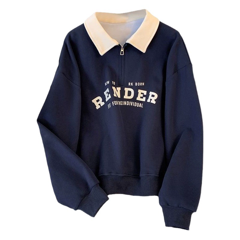 Очень большой размер, свободная тонкая американская свободная толстовка в стиле ретро с длинными рукавами и полумолнией для женщин, осенне-зимний тонкий топ с воротником-поло