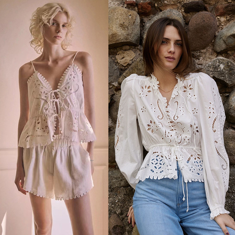 French Niche 2025 Spring and Summer Travel Wear Hollow Madeira Lace Tie Small Sling Blouse 25141