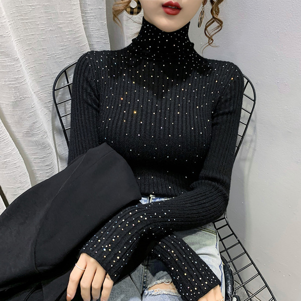Hot diamond thickened two pile neckline with diamond inlaid sweater for women's knitting