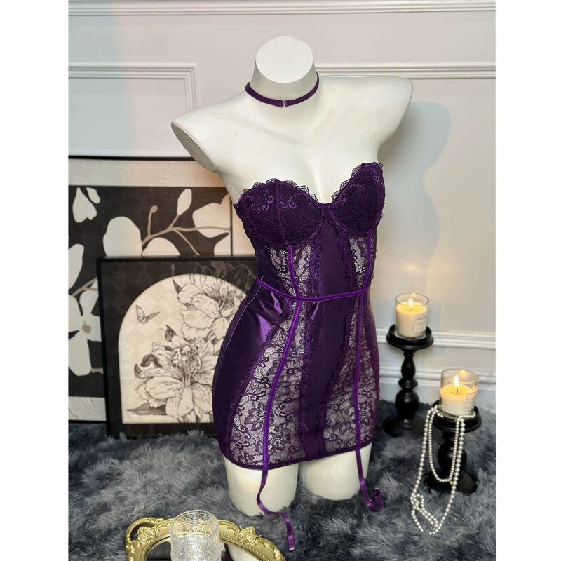 Комплект бюстье с кружевной поддержкой, бюстгальтер-лиф Purple Lace с подвязками и чулками, one size