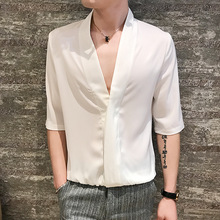 夏装男士韩版修身大V领T恤个性大领口短袖打底衫上衣七分中袖衬衫