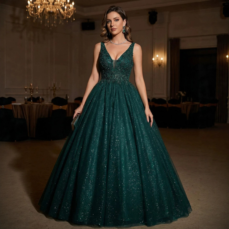 Foreign trade supply evening dress, V-neck, sleeveless, elaborate floor-length tulle skirt, colorful gauze, suitable for adult ceremonies, dinner parties, and balls Foreign trade supply evening dress, V-neck, sleeveless, elaborate floor-length tulle skirt, colorful gauze, suitable for adult ceremonies, dinner parties, and balls
