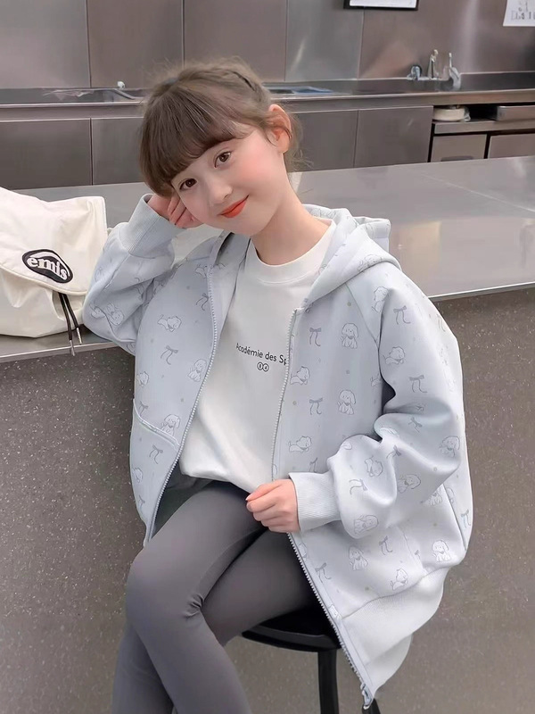 女童洋气卡通连帽外套2025新款中大童韩版时髦印花拉链开衫卫衣潮|undefined