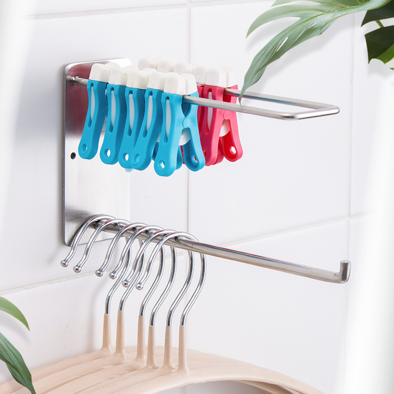 Percha sin costuras de acero inoxidable clip de ropa rack de almacenamiento de pared sin perforar gancho de pared de alta carga Barra de almacenamiento alargada