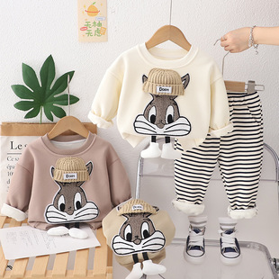 Girls' Western-style Loose fleece-lined Sweatshirt Striped Pants suit Autumn and Winter Women's Baby's One-piece Korean Style Split Velvet Winter Clothing