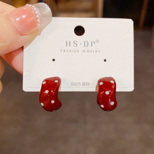 s925 silver needle ancora red polka dot C-shaped earrings temperament fashion simple versatile autumn and winter new earrings for women