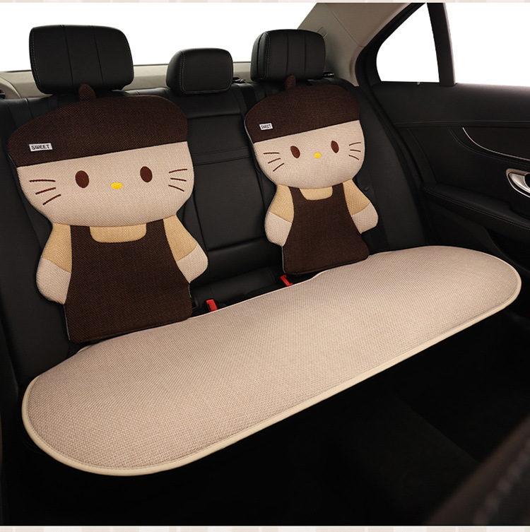 Four Seasons Linen Car Seat Cushion Cute Hat Cat Skin-Friendly Breathable Rear Seat Single Universal Seat Cushion Seven-Piece Set