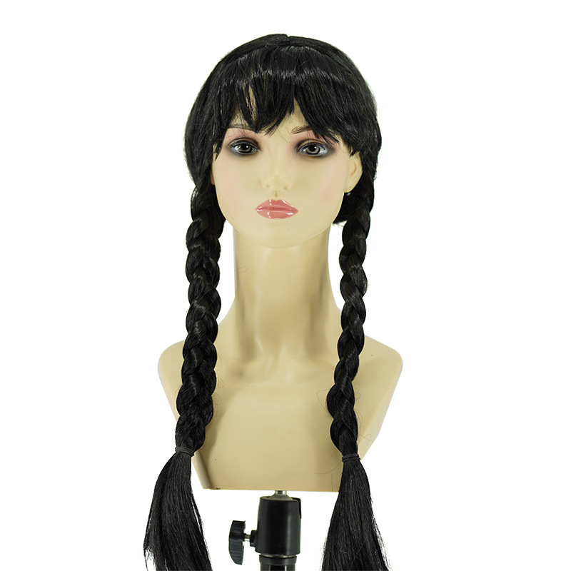 Cross-Border Best-Selling Halloween Wednesday Addams Family Wig Black Double Braids Cos Wig Factory Direct Sale