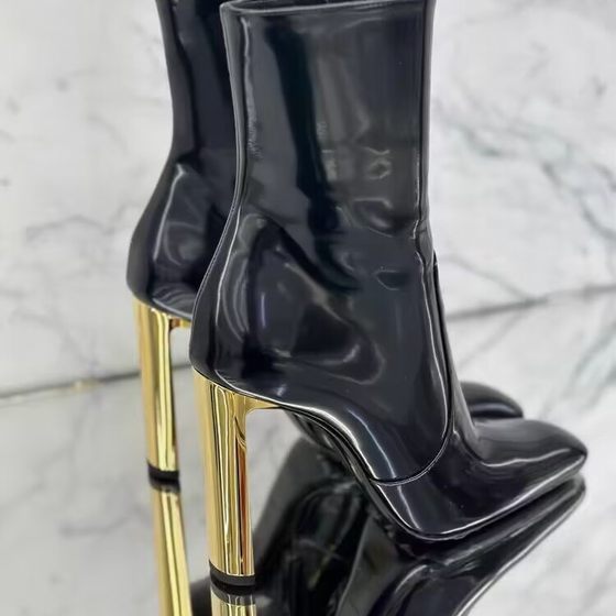 European and American Electroplated Metal Heel Mirror Patent Leather Pointed Ankle Boots Simple Side Zipper Cowhide Super High Heel All-match Fashion Boots