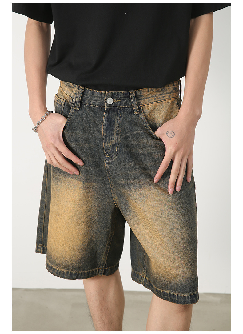Men's Summer Retro Distressed Blue Denim Shorts Loose Straight Versatile Hot Pants Trendy American Style_mkmklike.com
