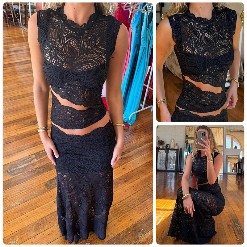 Black Lace Hollow-Out Sleeveless High-Neck Top + Matching Lace Long Skirt, High-End Jacquard Set