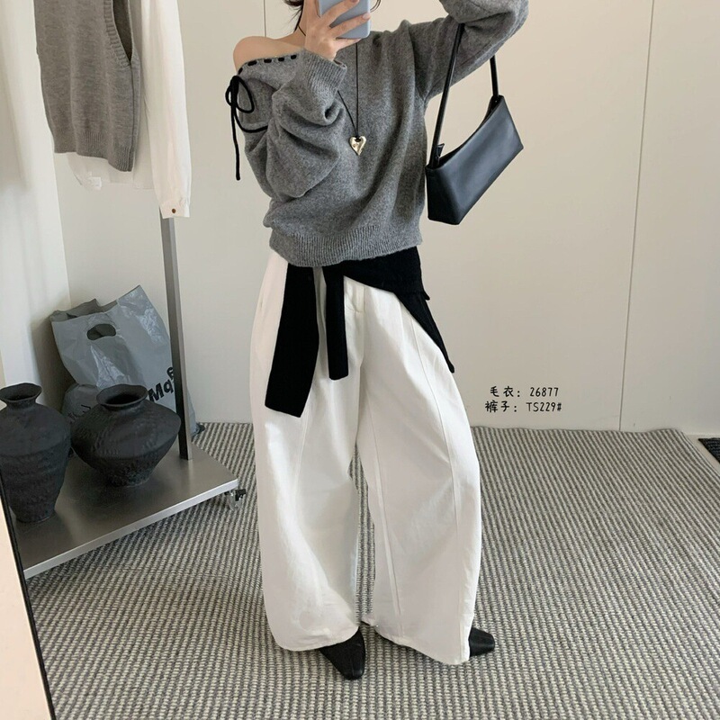 韩系设计感斜肩抽绳圆领毛衣女士秋冬季2025新款显瘦百搭套头上衣|undefined