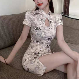 夏季新款气质名媛国潮流纹中国风改良少女连衣裙开叉旗袍女ins潮