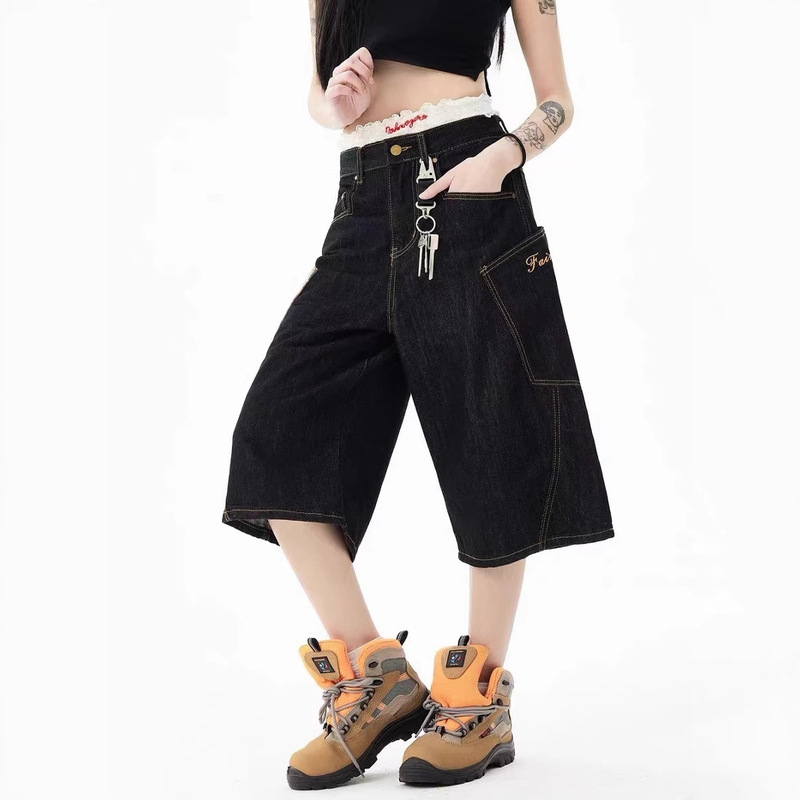 Vintage Large Pocket Plaid Patchwork Denim Cropped Pants for Women 2025 Summer New Casual Versatile Straight Mid-Length Pants
