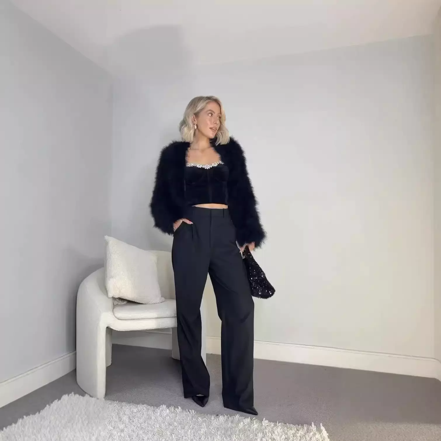 秋冬款高腰仿皮草外套短款女百搭欧美ins风名媛ins轻奢风圆领上衣