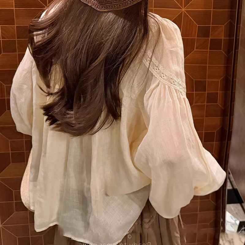 In Stock: Qian Meixi Double-Layer Lace Splicing Cotton-Linen Shirt with Ruffled Cuffs, Breathable Versatile Cardigan Blouse
