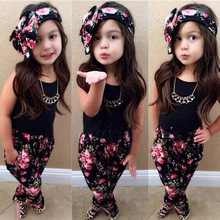 2025欧美外贸童装厂家直供夏季女童T恤印花裤头巾三件套童装套装