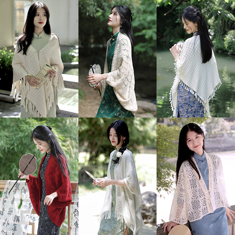 Retro fresco 2024 flor de cadena de verano fino hueco literario estilo perezoso cárdigan con chal exterior cheongsam