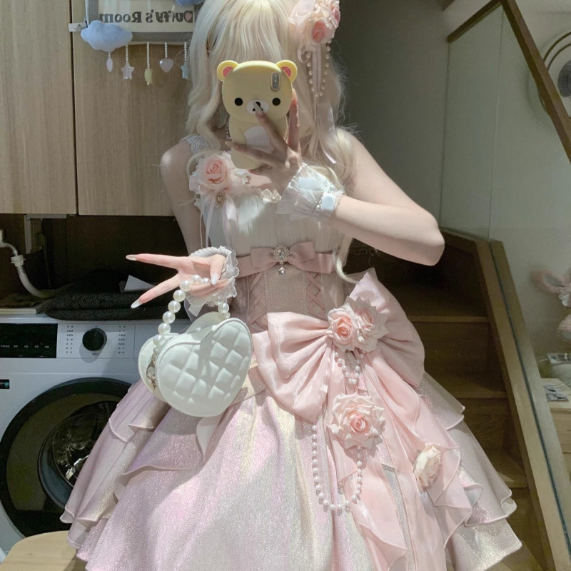 ローズハート JSK プリンセススカート 小さなフラワーウェディング ロリータ ピーチ ホワイト ティー デザイン ロリータ スカート 早春スカート|undefined