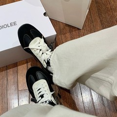 牛皮版2025新款系带拼色圆头百搭休闲运动鞋女真皮板鞋增高德训鞋