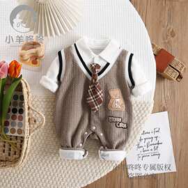 新款春秋季领带长袖布贴字母小熊英伦式学院双层婴儿幼儿衣服童装