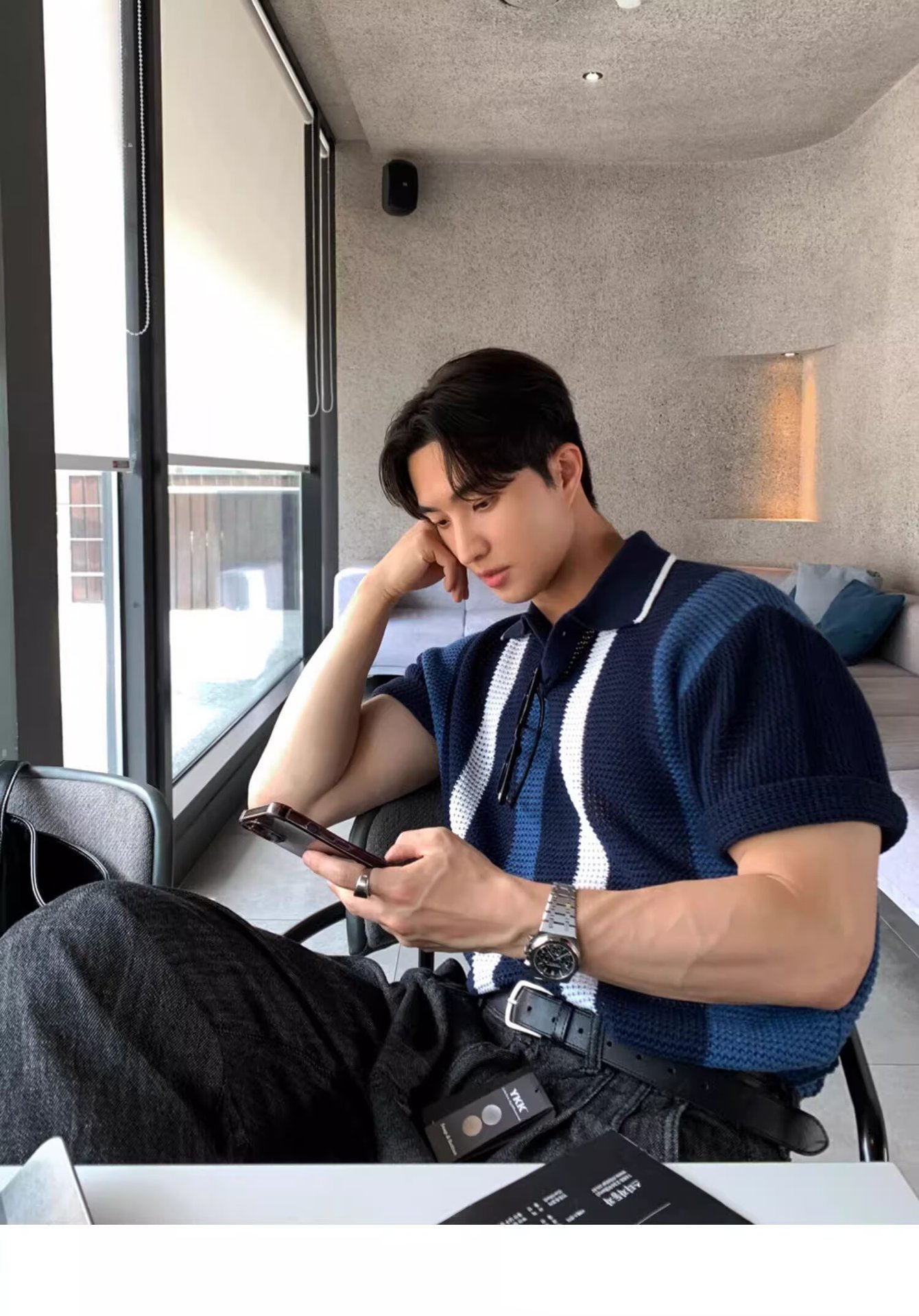 Men's High Quality Breathable Hollowed Out Color Block Knit Polo Shirt Korean Style Vertical Striped Short Sleeved T-Shirt For Spring/Summer_viptrois.com