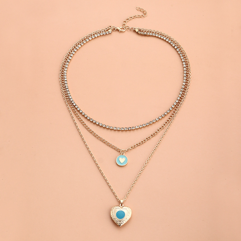 Vintage Blue Ocean Flip Heart Pendant Multi-layer Chain Stacking Necklace Wholesale display picture 4