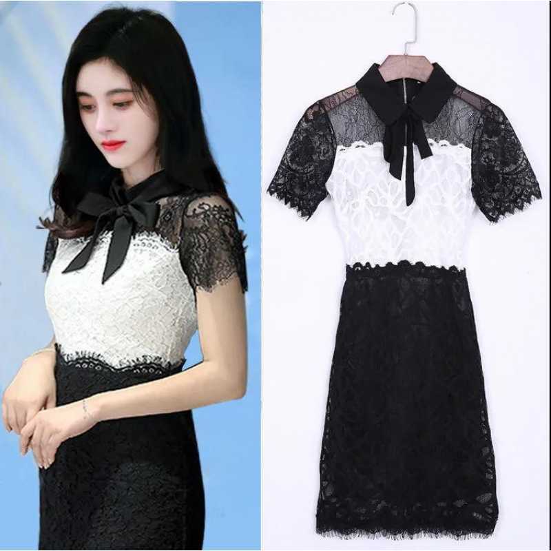 赵丽颖鞠婧祎杨颖唐嫣明星同款连衣裙炸街蕾丝镂空修身包臀初恋裙