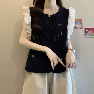 大码胖mm韩系卡通图案飞飞袖女夏季新款遮肉外穿无袖上衣