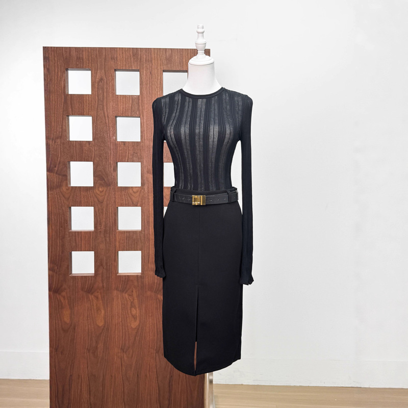 Hollow-Out Blouse with Ribbed Design, Thin and Stylish 2025 Sheer Lazy Niche Elastic Waist Belt Set