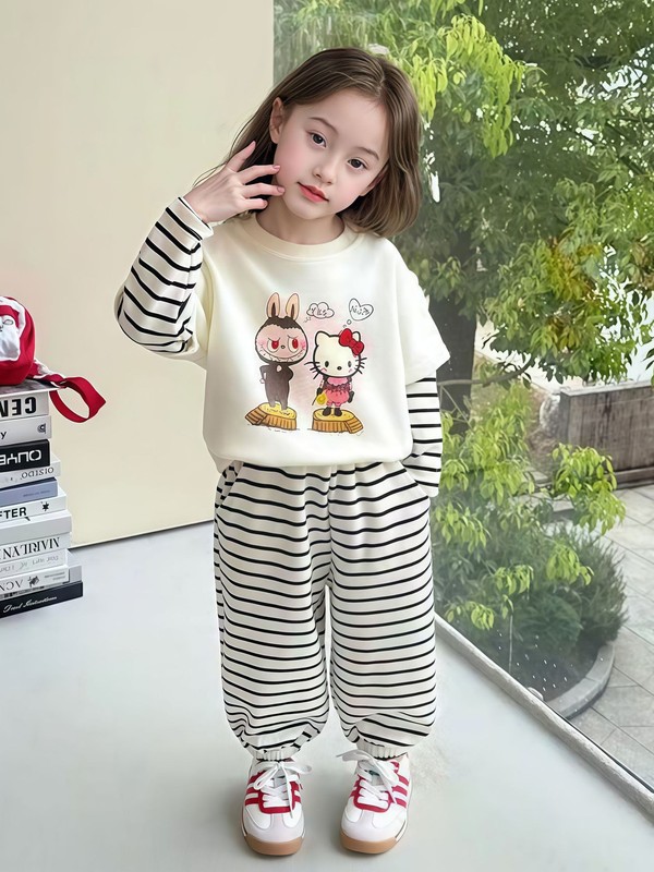 儿童春秋款卫衣套装 女童条纹假两件套装 宝宝长袖运动休闲套装|undefined