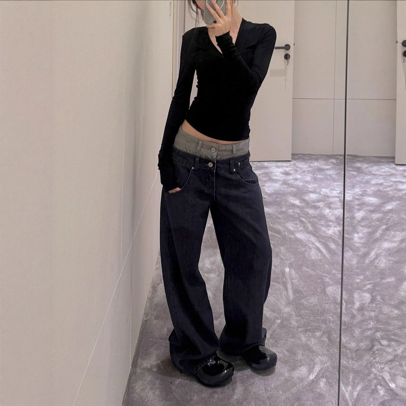 Sunoneoe Design Spliced ​​Waist Straight Jeans Women's Autum New Denim Original Color Casual Pants