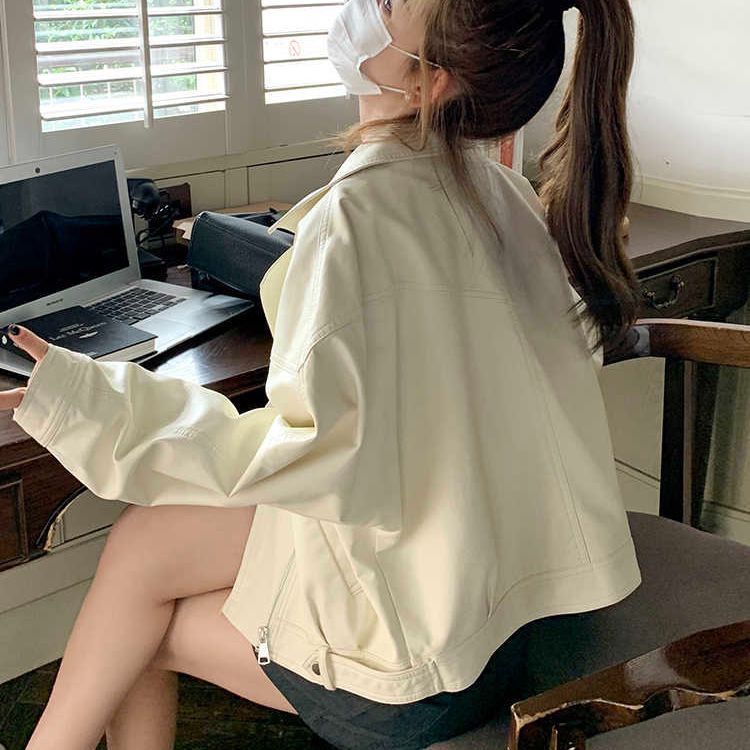 米白色皮衣外套女春秋2025新款美式复古港风小个子机车服夹克上衣|undefined