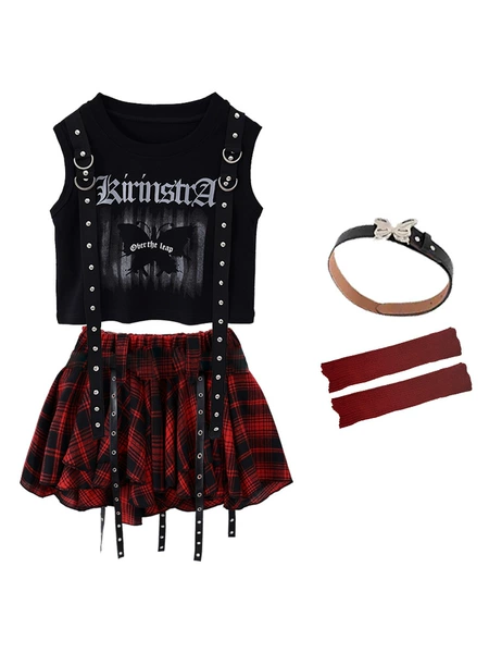 605 female black ribbon vest + Q01 red plaid ribbon skirt + butterfly belt + burgundy socks
