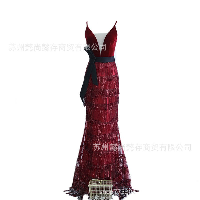 Elegant Velvet Fishtail Evening Dress Sling Dress Bridal Wine Dress Annual Meeting Host Long Dress Foreign Trade Large Size High Waist V