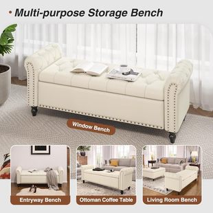 Bedroom Bench with Storage at the End of the Bed, Bed Stool at the Foot of the Bed, Storage Bench with Tufted Buttons and Nailhead Trim