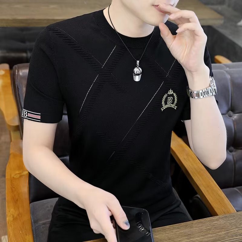 夏の男性の薄い半袖のtシャツの潮のブランドの新しい刺繍のニットの半袖の丸首の夏服の高級な男性のtシャツの上着|undefined