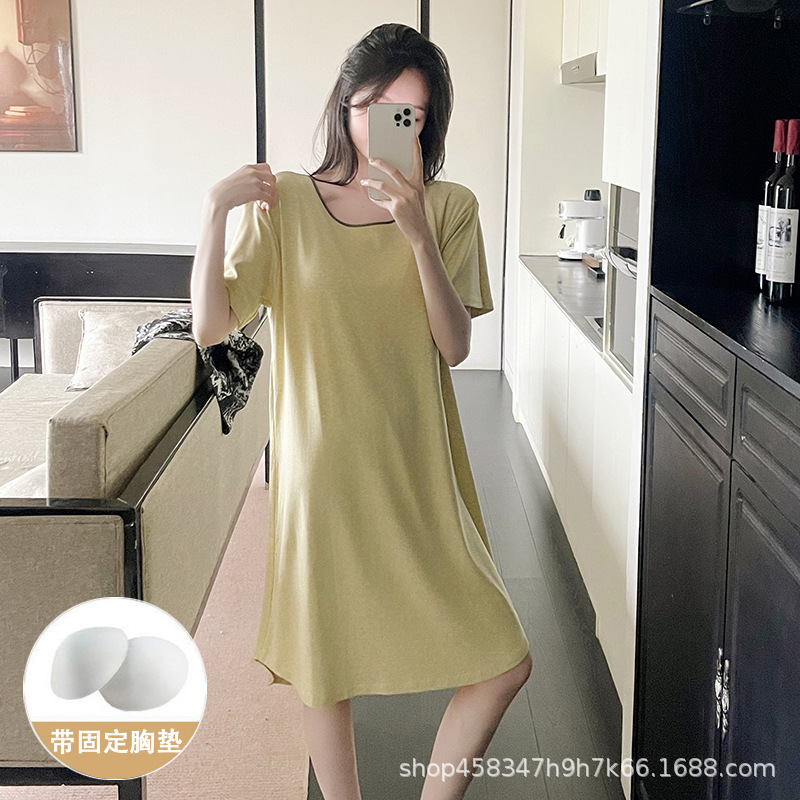 女性用サマーパジャマ、カジュアルラウンドネック、無地、ゆったり、シンプル、半袖、固定胸パッド付き、ミドル丈ナイトガウン、ホームウェア|undefined