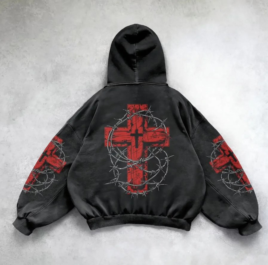 Men's Clothing Fashion Loose Pullover Cross Heart Print Side Pocket Hooded Sweatshirt_voghion.com