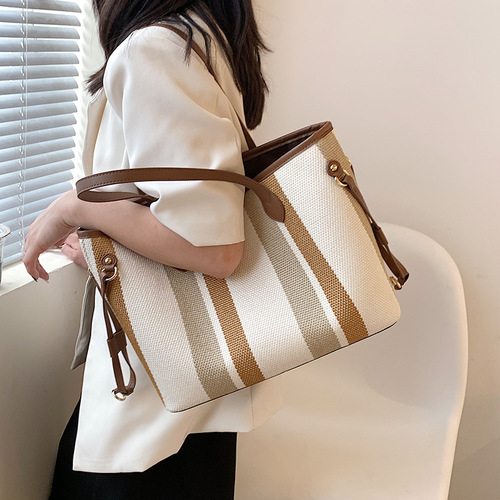 2024 Commuting Crossbody University Student Laptop Bag for Women Casual Simple Large Capacity Striped Canvas Handheld Tote Bag