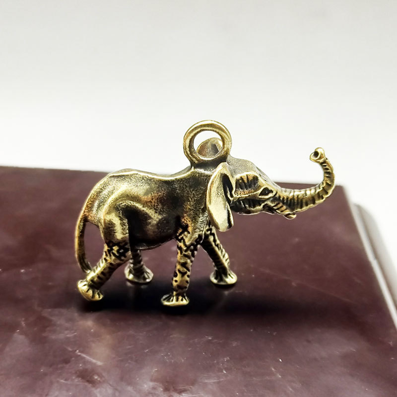 复古黄铜实心大象钥匙扣链挂件吊坠手把件创意摆件箱包饰品小铜器