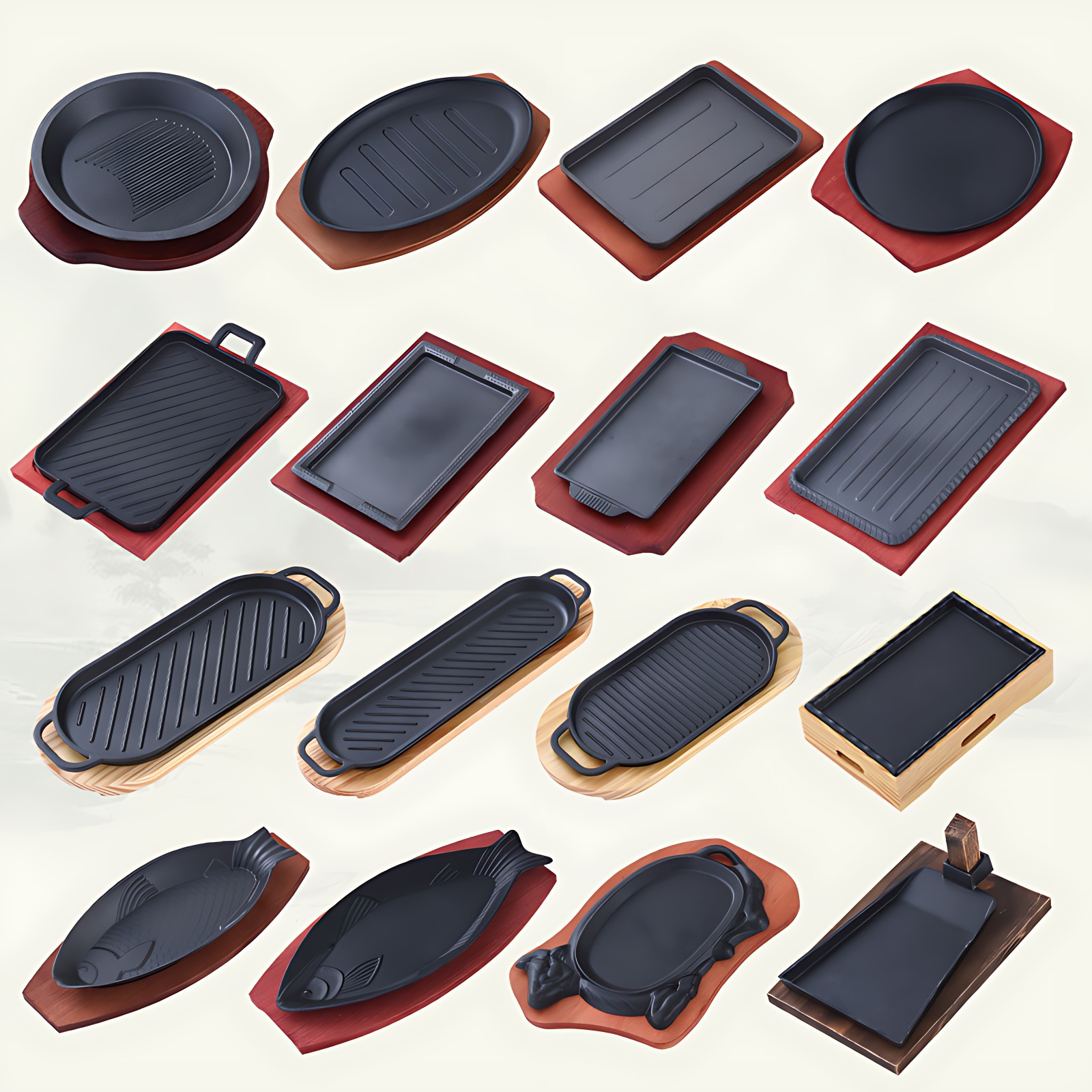 铸铁铁板烧盘长方形牛排盘燃气商用圆形铁板烤鱼盘摆摊家用烧烤盘