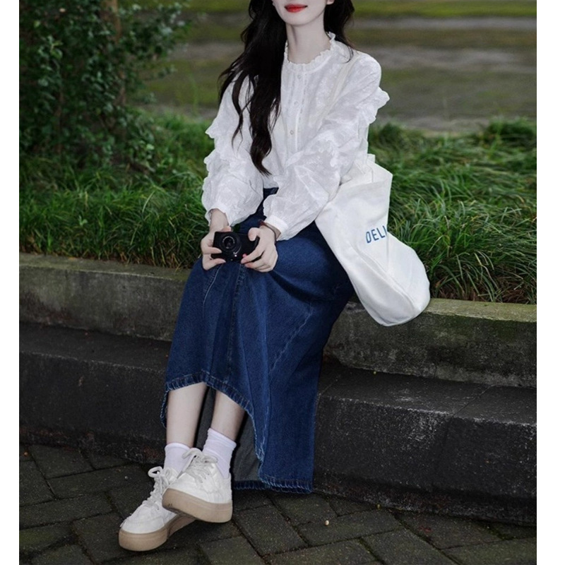 早秋穿搭套装2025小个子韩风chic森系穿搭白色衬衫牛仔半身裙套装|undefined