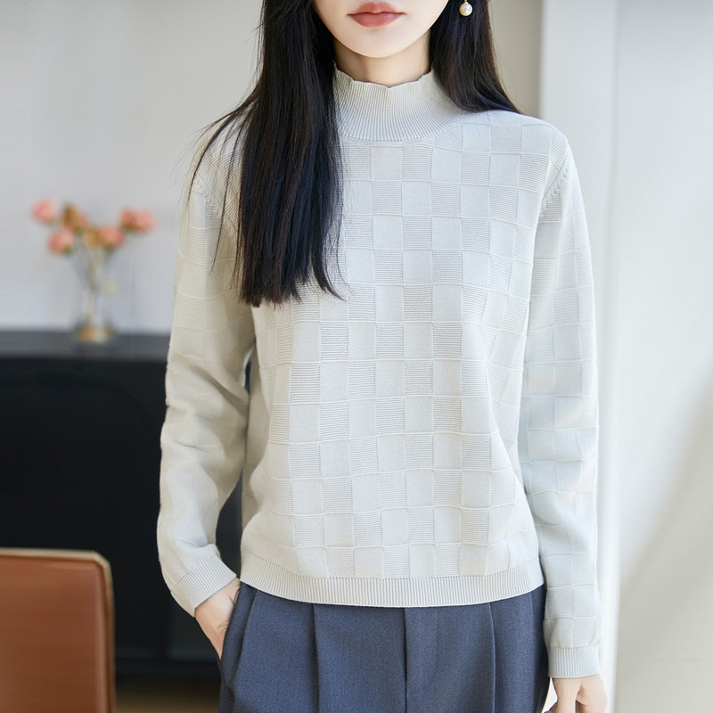Cross-border plaid jacquard pure cotton knit base shirt for women, half-turtleneck sweater, thickened loose fit, slimming inner layer Cross-border plaid jacquard pure cotton knit base shirt for women, half-turtleneck sweater, thickened loose fit, slimming inner layer