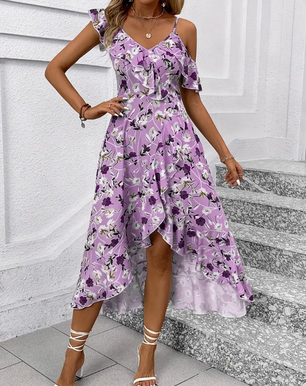 Women's Clothing Floral Print Sundress Irregular Slit Slim Waist Vacation Style Long Dress Fairy Beach Photos Dress For Women_ecoleips.com