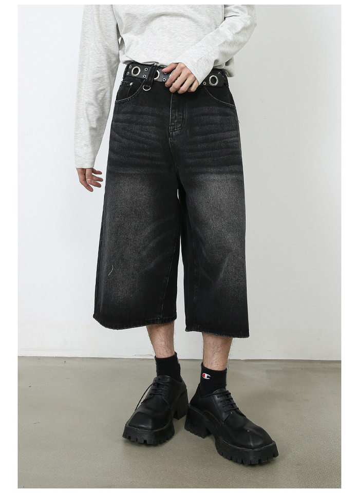 Quần jean nam ống rộng lửng 7/10 phong cách Hàn, lưng cao thoải mái — Làm cũ, Màu trắng, Màu xanh denim thô, Màu đen thô chi tiết 11